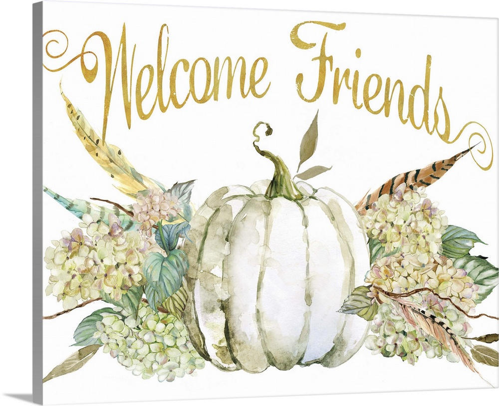 Seasonal decor with painted hydrangeas, feathers, and a white pumpkin with "Welcome Friends" written in gold at the top.