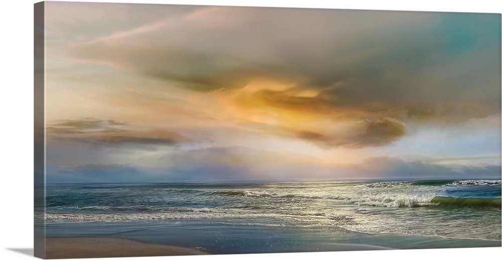 Large photograph of gentle waves on a beach with a colorful sunset.