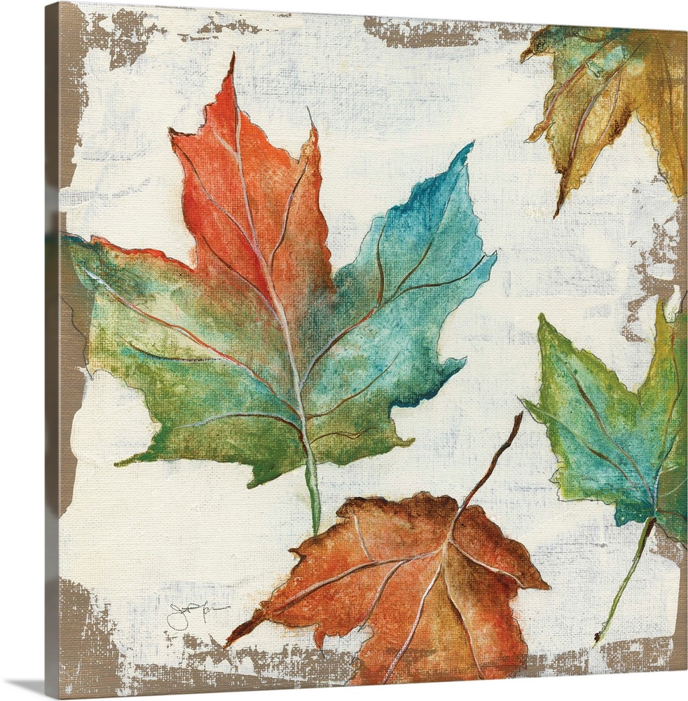 Autumn home decor artwork with multicolored Fall leaves.