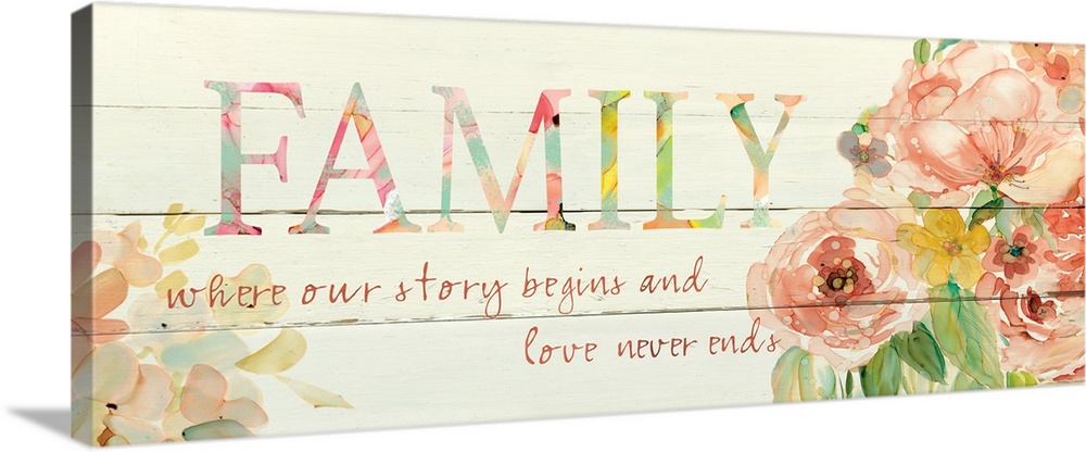 "Family Where Our Story Begins and Love Never Ends" written on a faux wood panel background with painted pink flowers on t...