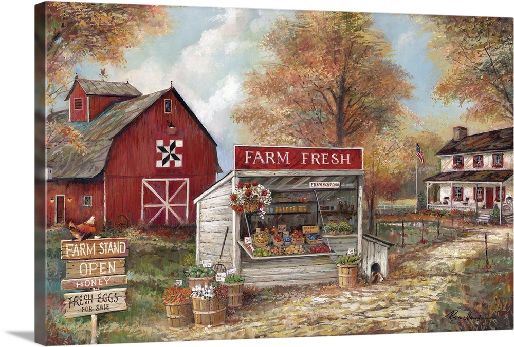 Large contemporary painting of a rural farm stand with a red barn and a house in the background.