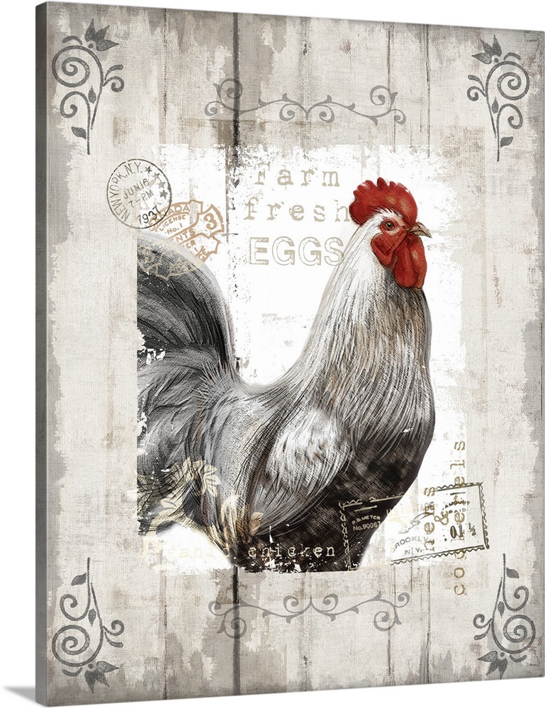 Vertical decorative design of a rooster with a vintage style border with embellishments.