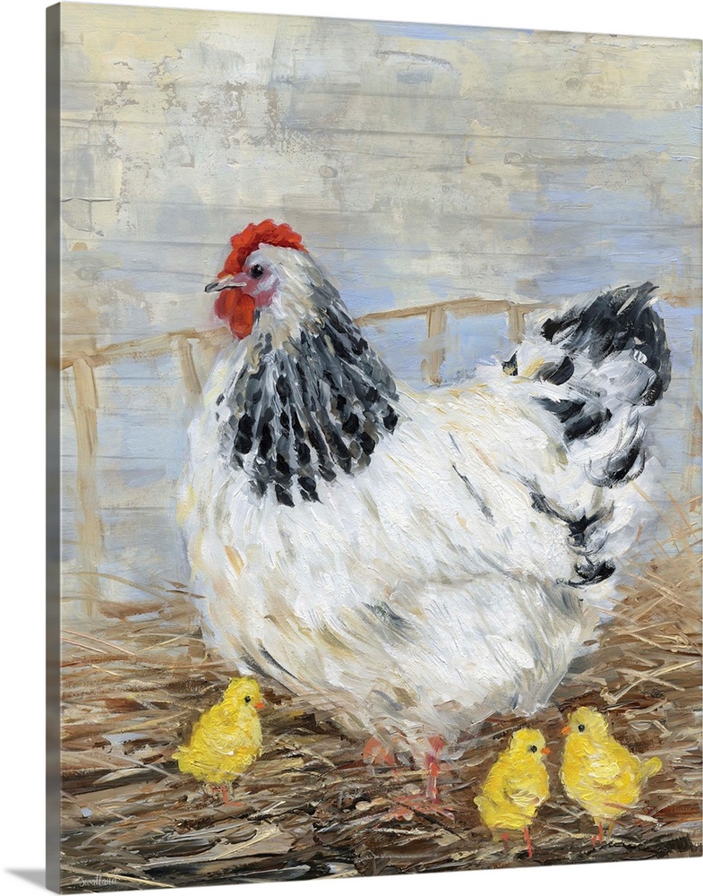 A contemporary painting of a farmhouse chicken with three yellow chicks.