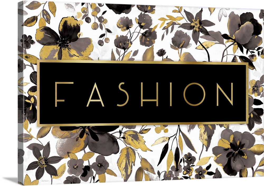 "FASHION" with black and gold flowers on a white background.