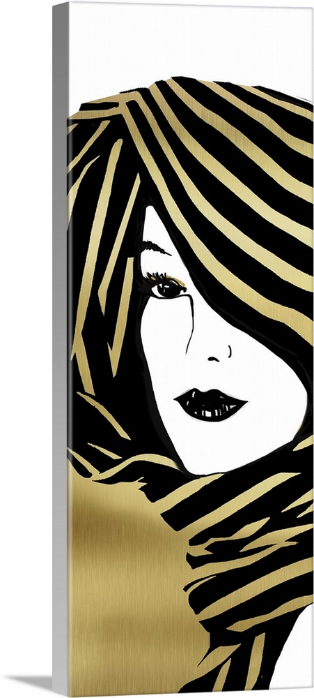 Large illustration of a woman wearing a head scarf in gold, black, and white.