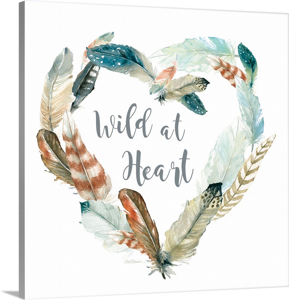 Square watercolor painting with a heart shaped wreath made of feathers and the phrase "Wild at Heart" written inside.