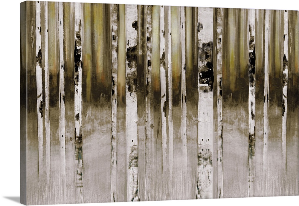 A contemporary painting of white, black and brown tree trunks in the woods.