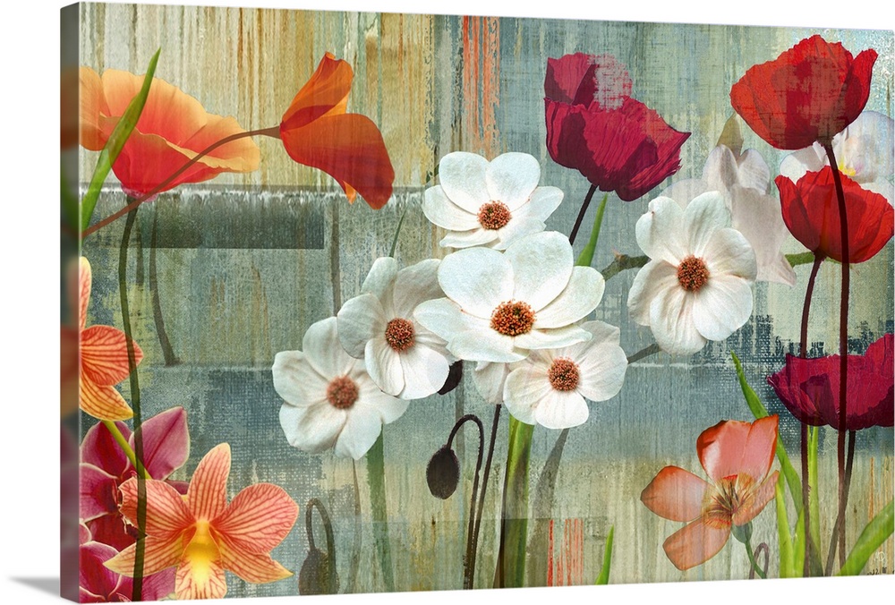 A variety of flowers on top of a brushstroke streaked background.