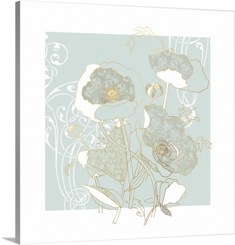 Square digital illustration of metallic gold outlined flowers colored in with a floral pattern on a blue-grey background.