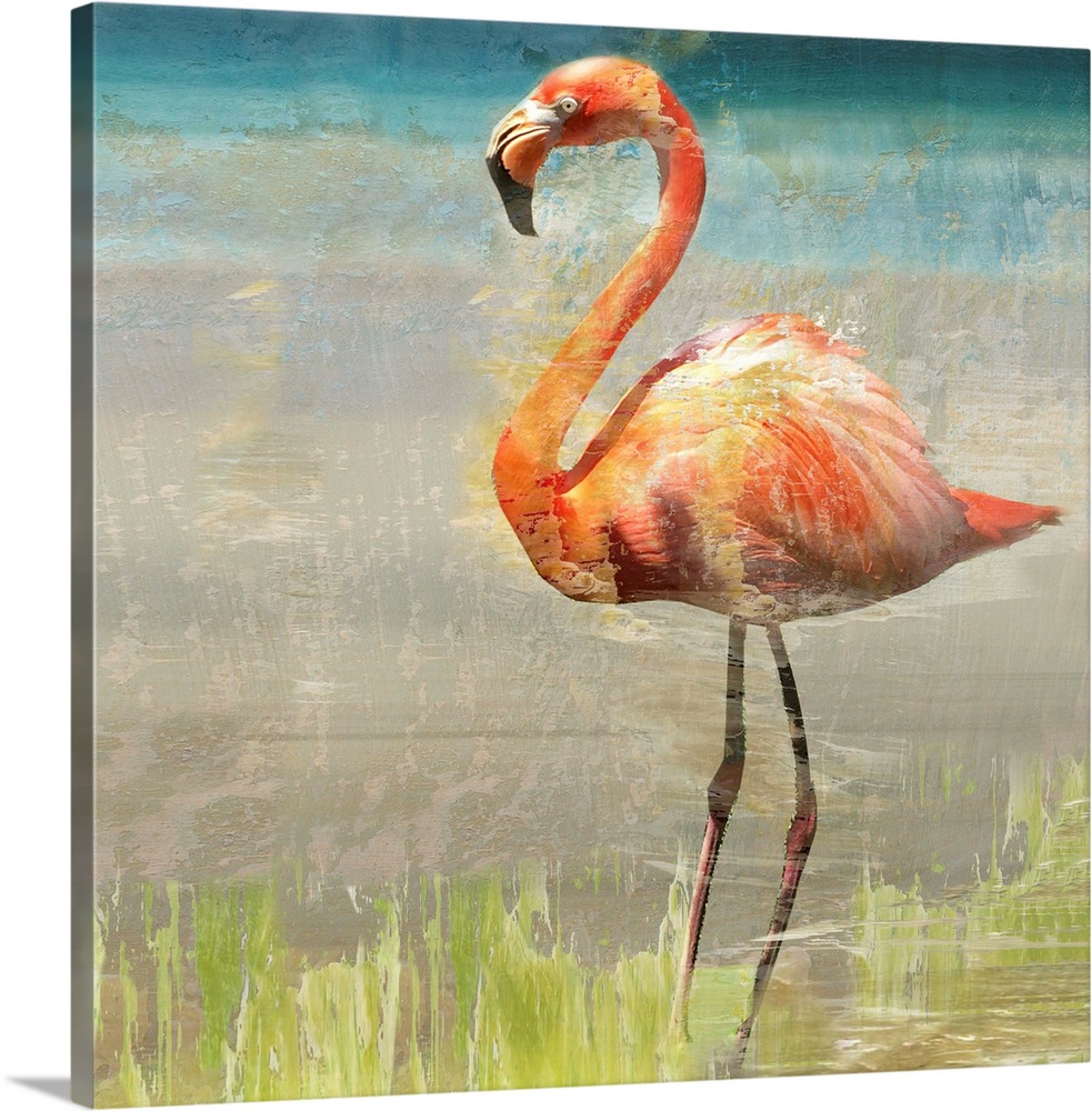 One painting in a series of two displays a reflective flamingo amidst layers of distressed paint and textures.