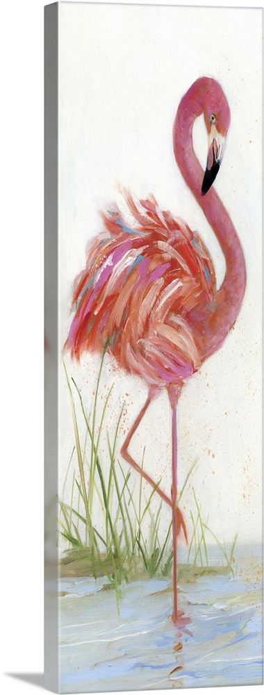 Tall contemporary painting of a pink flamingo standing on one leg in water.