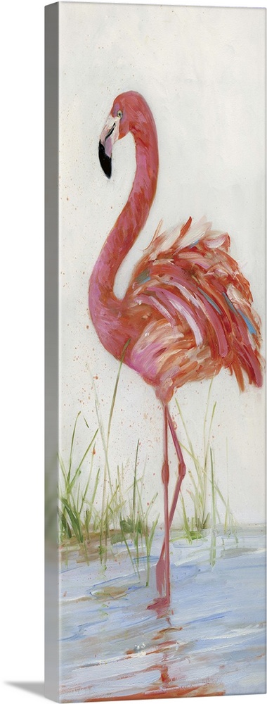 Tall contemporary painting of a pink flamingo standing in water.