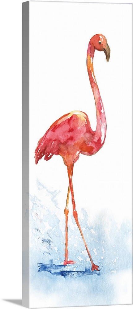 Tall watercolor painting of a single pink flamingo walking through a puddle.