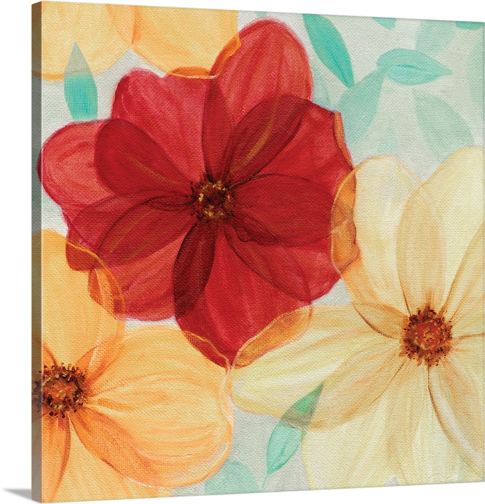 Watercolor artwork of flowers in sunny shades of red and orange.