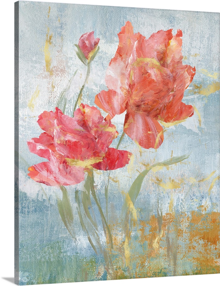 Large contemporary abstract painting of pink flowers on a blue background with gold highlights and  markings.