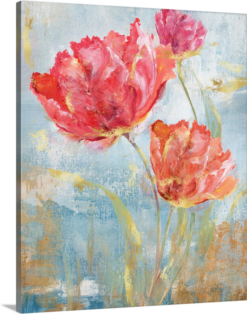 Large contemporary abstract painting of pink flowers on a blue background with gold highlights and  markings.