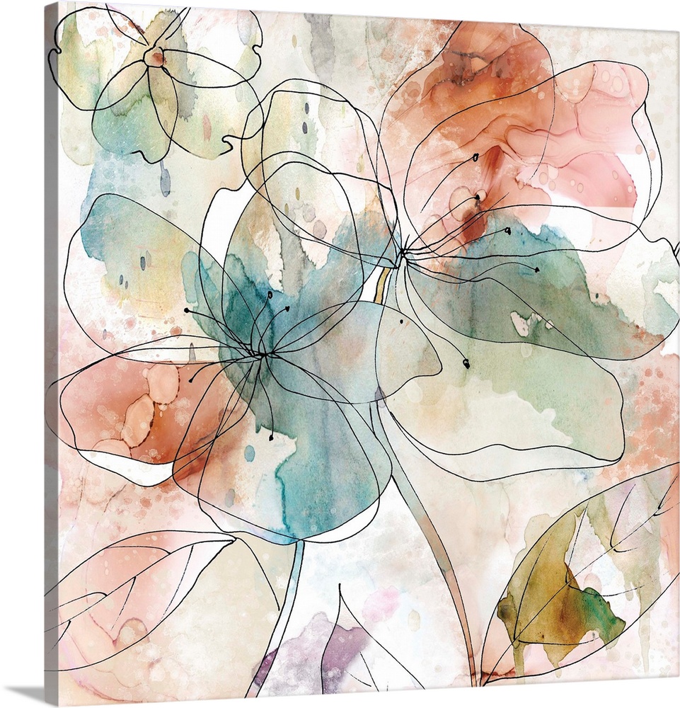 Abstract floral decor with black outlines of flowers on a multi-colored watercolor background.