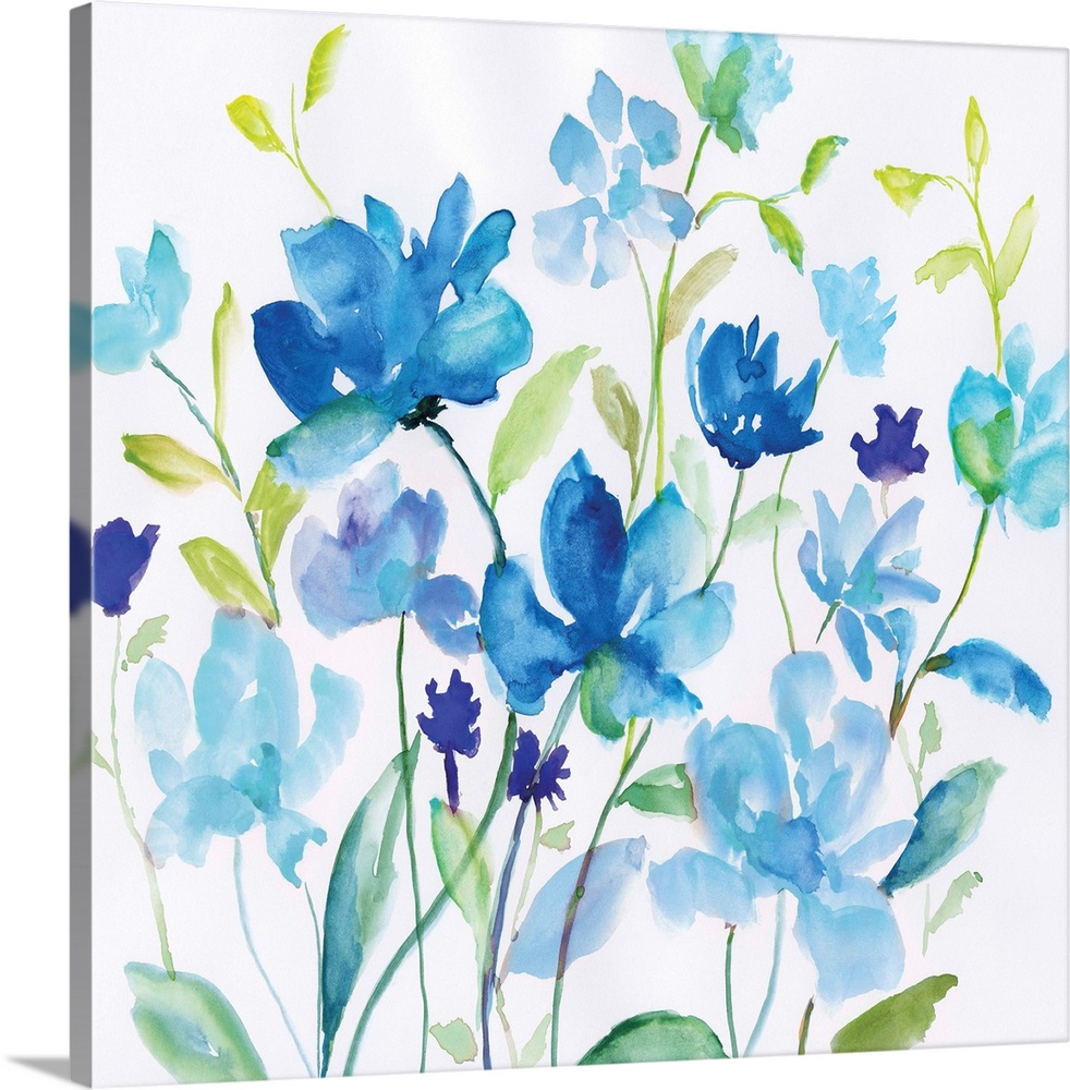 Bright blue watercolor flowers with green leaves spring up against a white background.