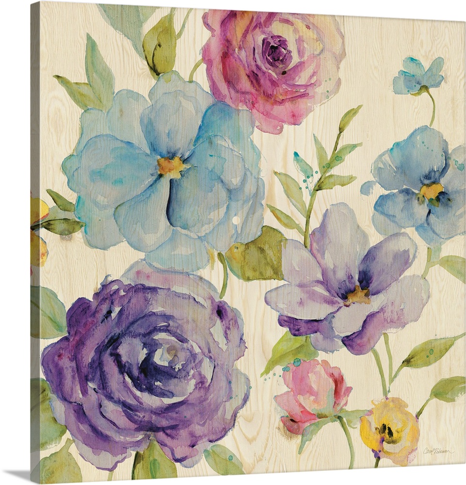 A watercolor painting of different colored flowers on a light wooden background.