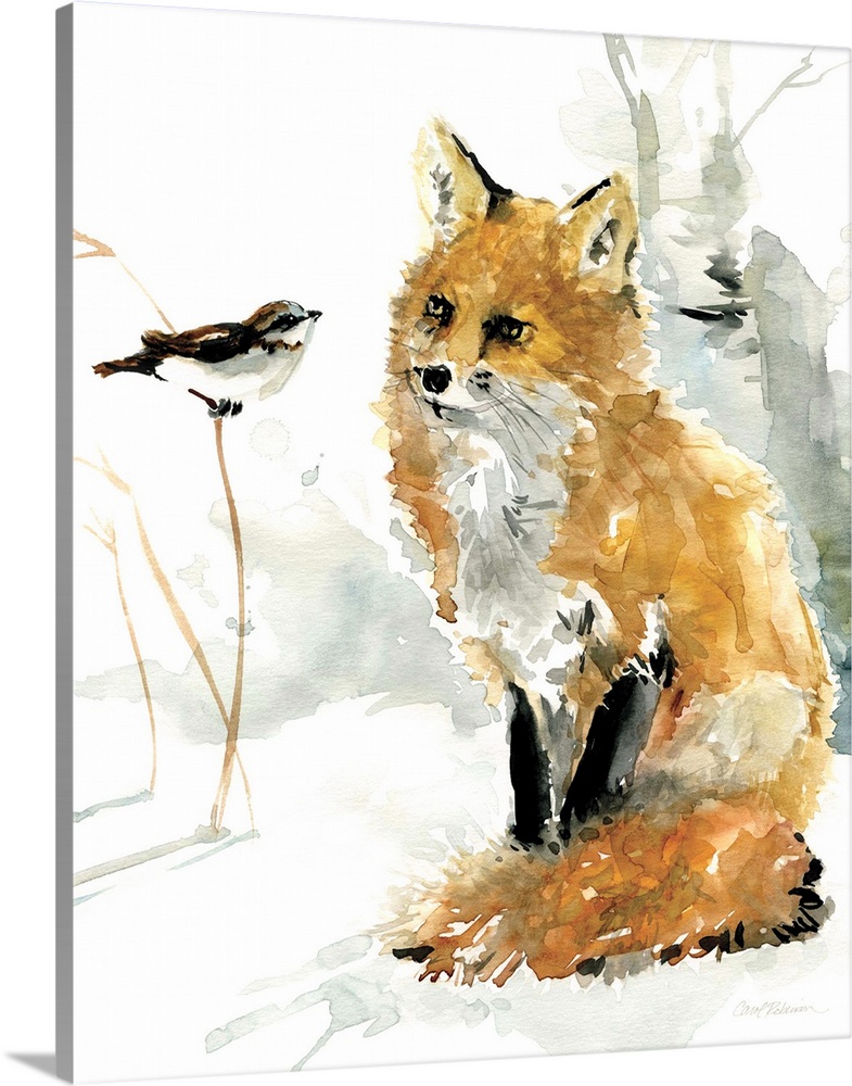 Contemporary watercolor painting of a fox watching a bird perched on a branch.