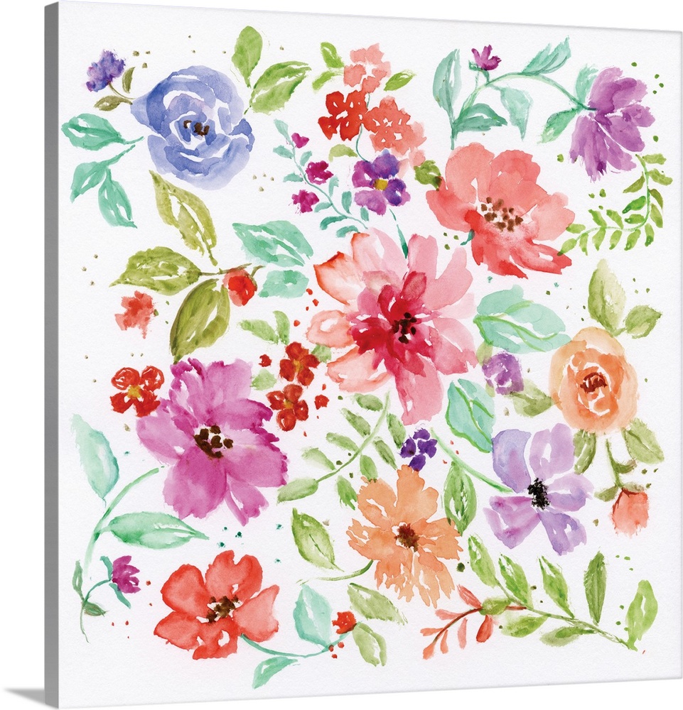 Square watercolor painting of bright and colorful flowers on a white background.