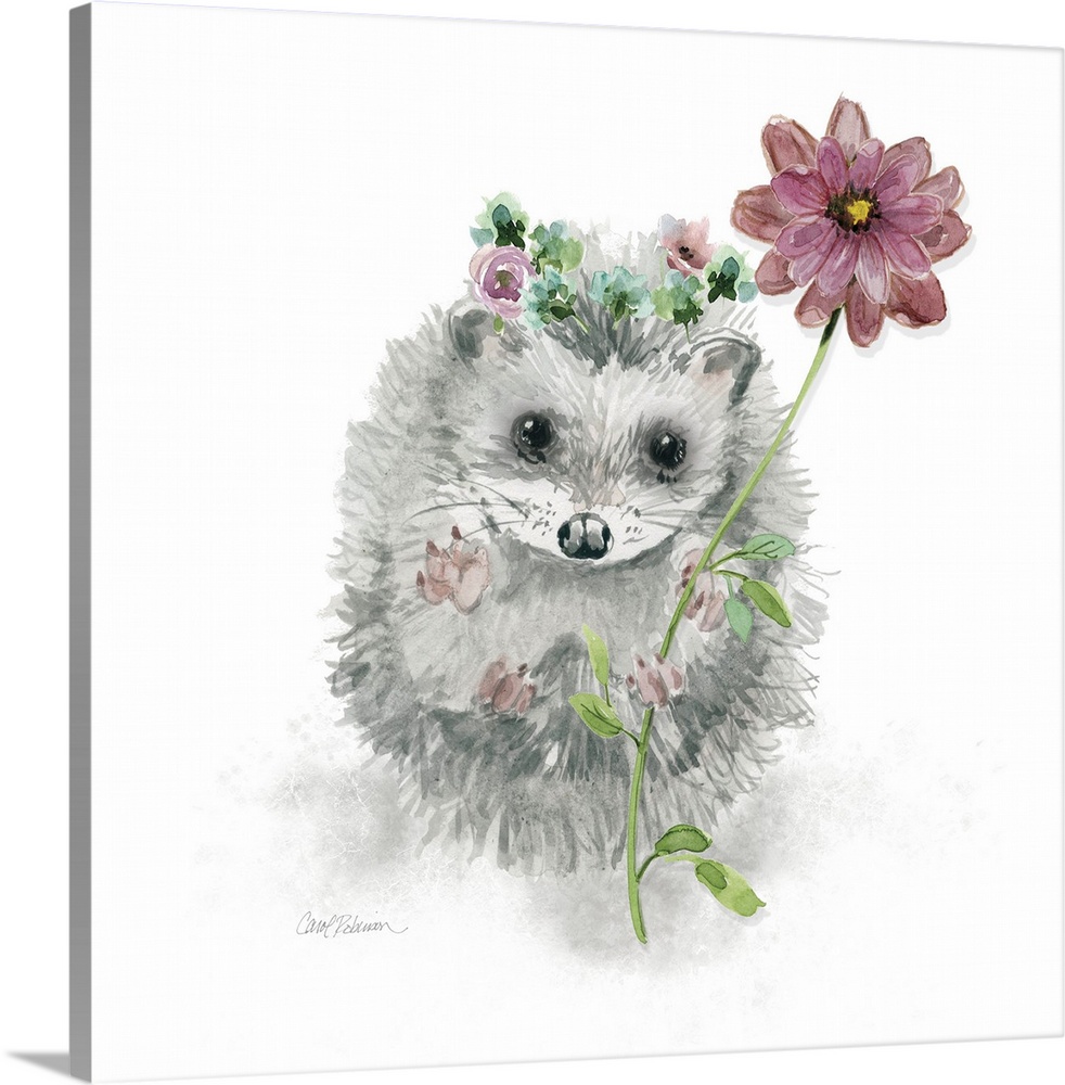 A watercolor painting of a garden hedgehog wearing a flower crown and holding a long stemmed pink flower.