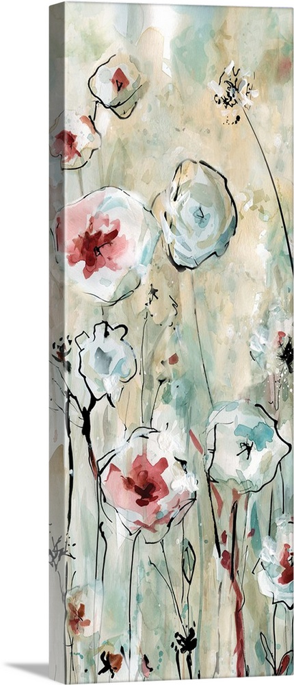 Large abstract painting of flowers with tall stems in shades of blue, red, and beige.