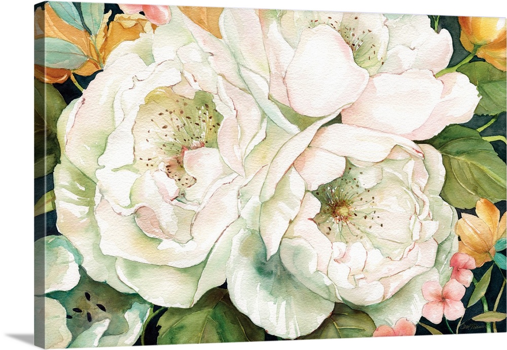 Decorative painting of large white flowers with small colored flowers surrounding them.