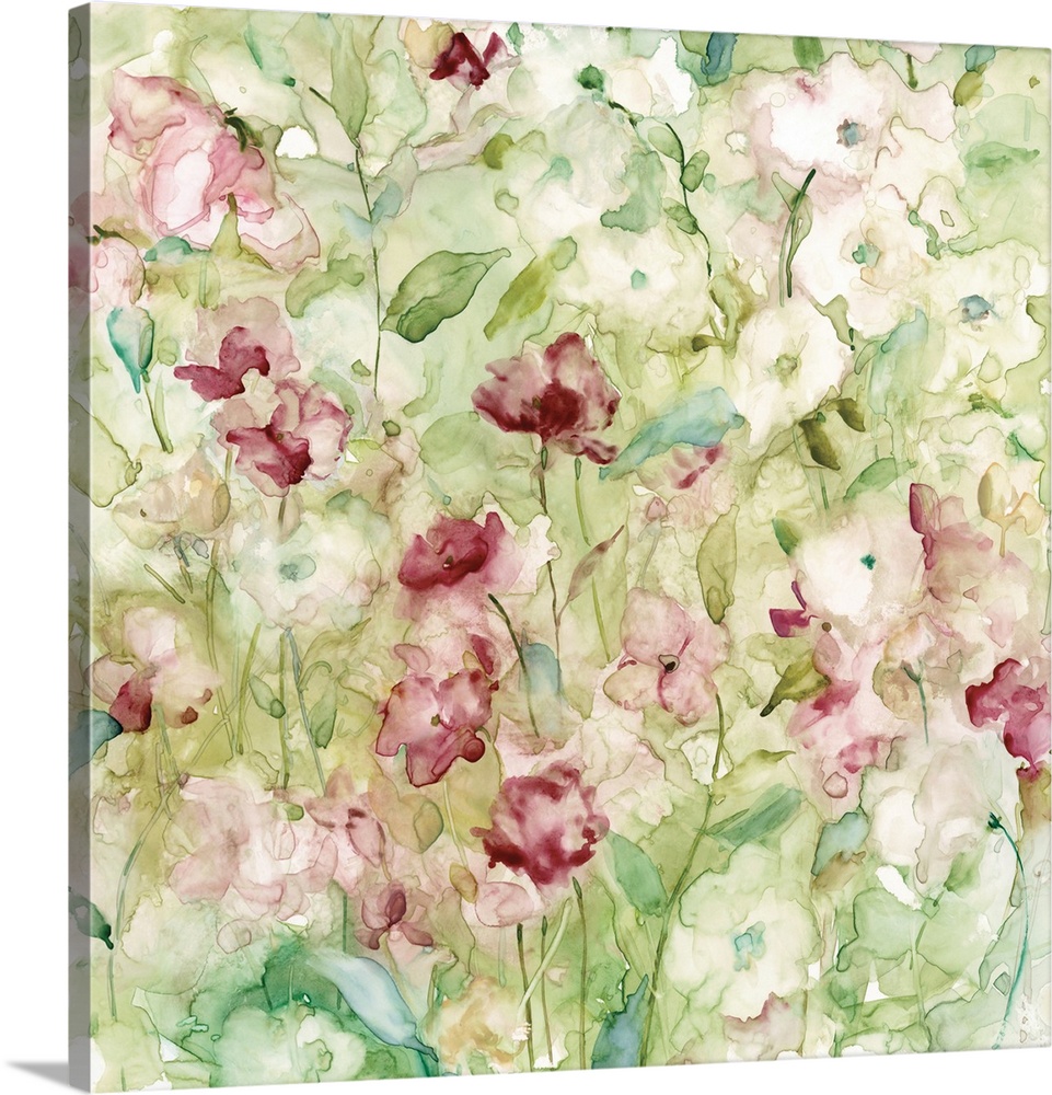 Decorative watercolor artwork of a group of flowers in shades of pink and green.
