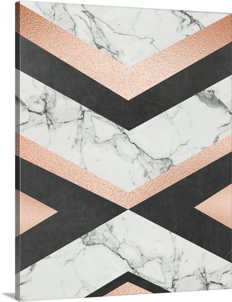 Abstract decor with marbled angles mixed in with metallic rose gold, and black angles, creating triangular shapes.