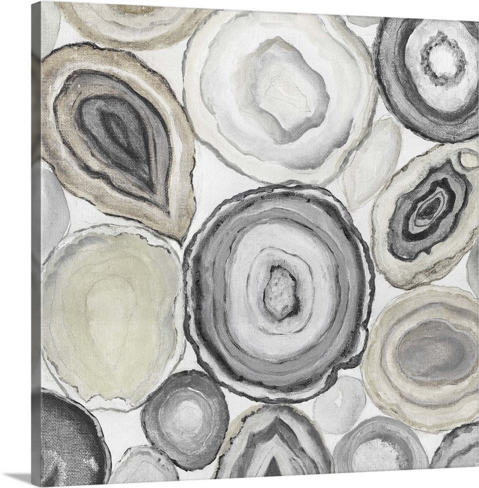 Square painting of rocks cut in half displaying neutral toned agate.