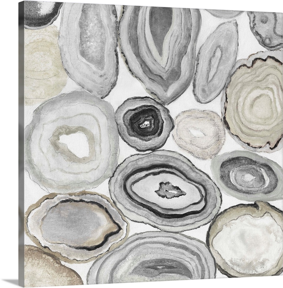 Square painting of rocks cut in half displaying neutral toned agate.