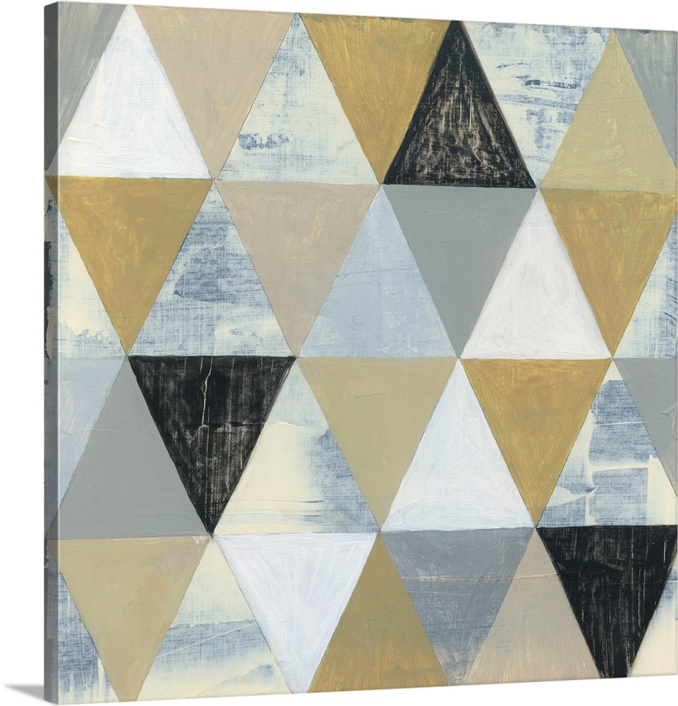 Geometric abstract art with triangular shapes coming together to create a pattern in shades of gray, black, and gold on a ...