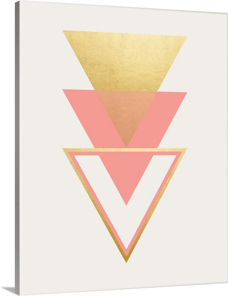 A vertical geometric design of a trio of triangles in pink and gold.