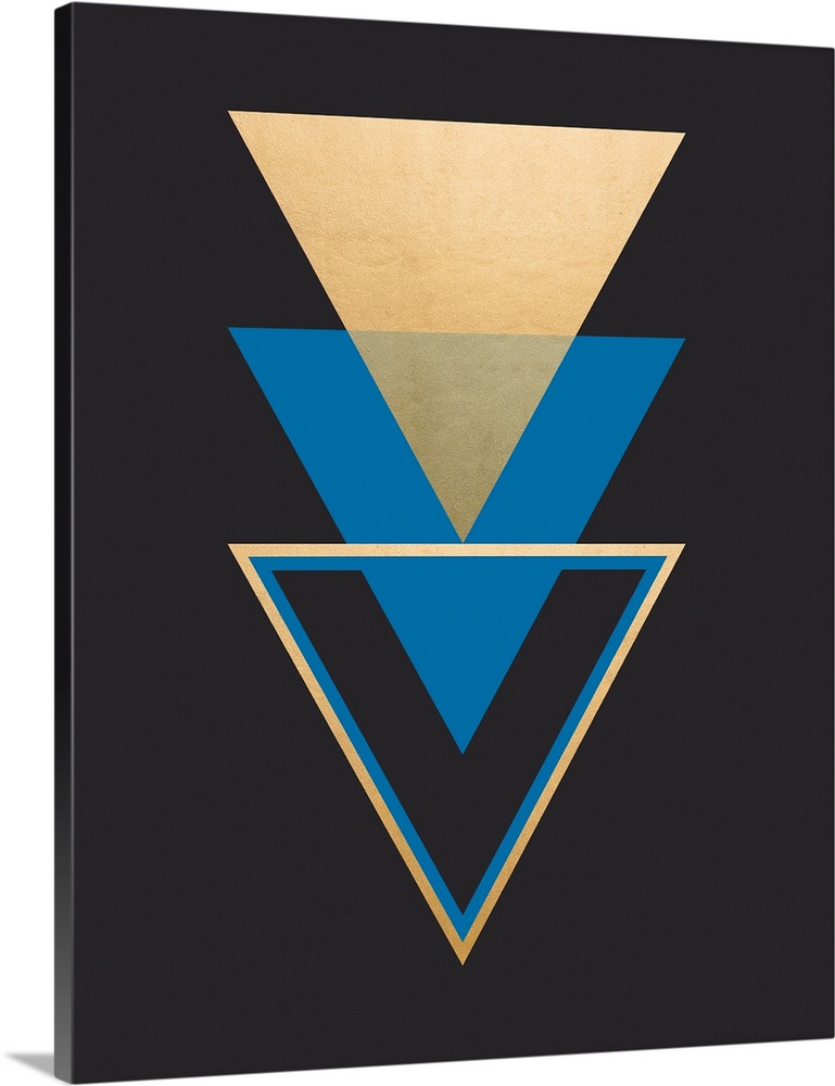 A vertical geometric design of a trio of triangles in blue and gold on a black background.