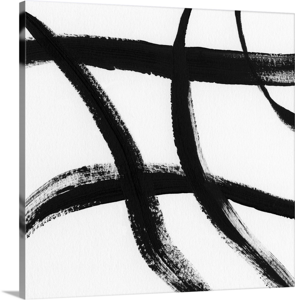 Square black and white abstract painting with thick, bold, crossing lines.