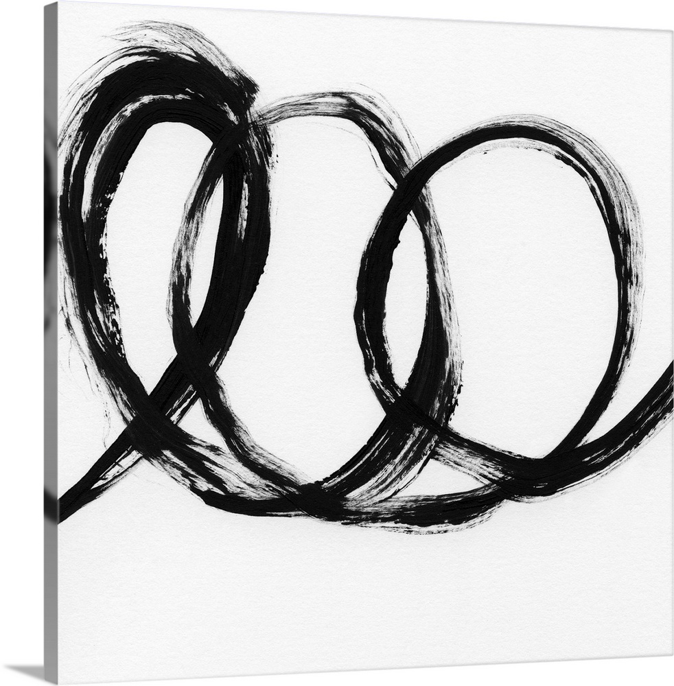 Square black and white abstract painting with a thick, bold, loopy line.