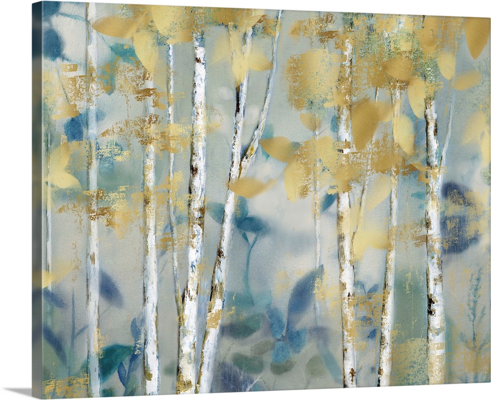 Abstract painting of a forest filled with gold and blue toned leaves.