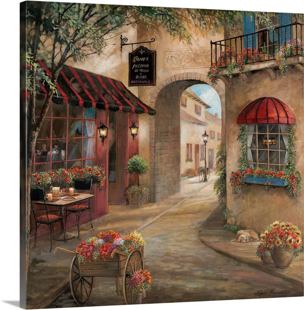 A contemporary artwork of an European street scene decorated in flowers with a pizzeria.