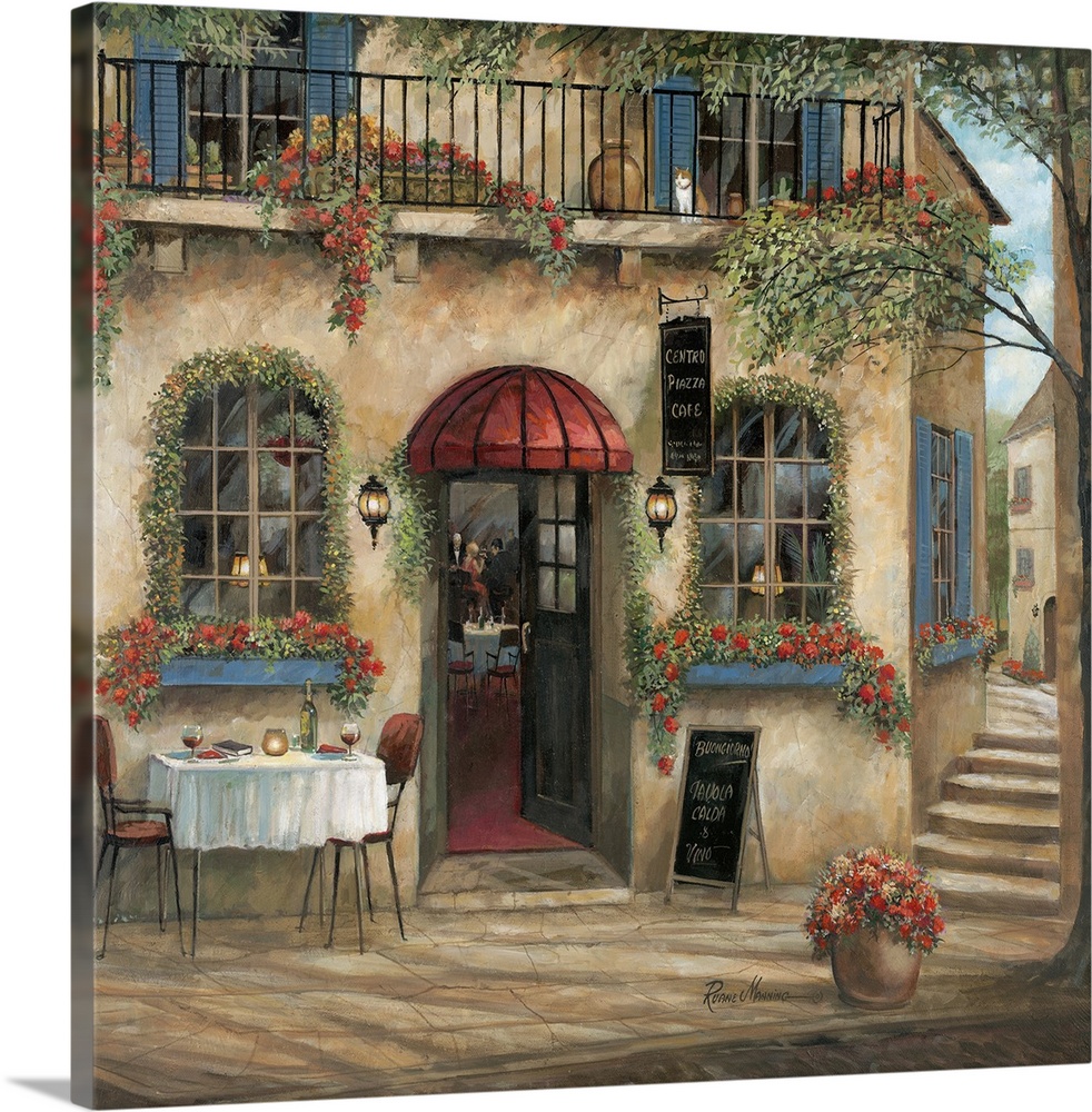 A contemporary artwork of an European street scene decorated in flowers with a pizzeria.