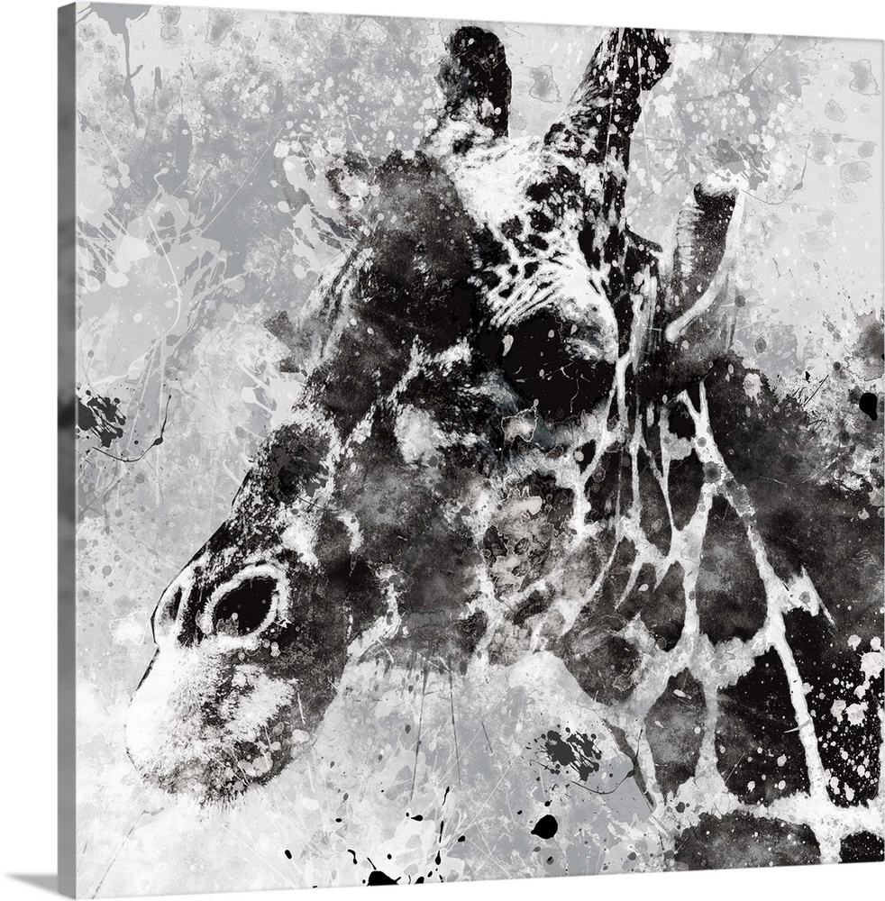 Contemporary artwork of a giraffe against a textured looking background with an overall grungy and distressed look.