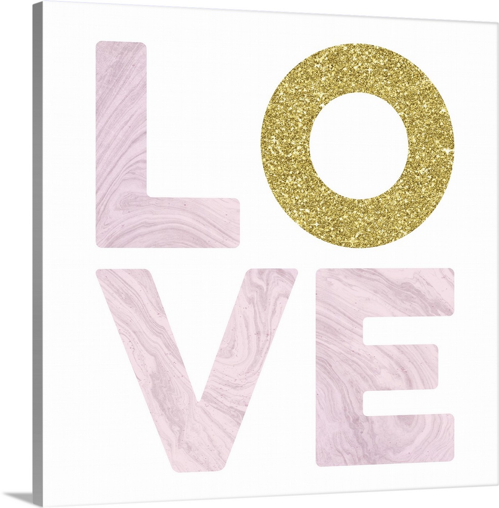 LOVE spelled out in white marble and glitter gold on a white square background with a glitter gold border.