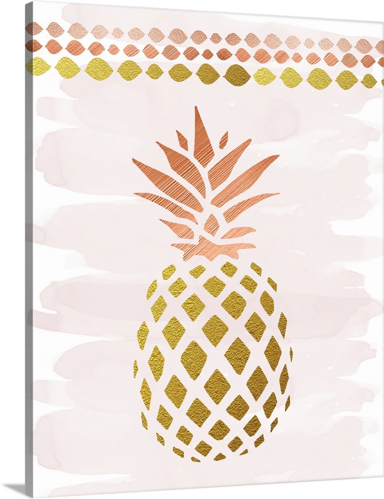 Tropical decor with a metallic gold and rose gold pineapple on a pale pink and white background.