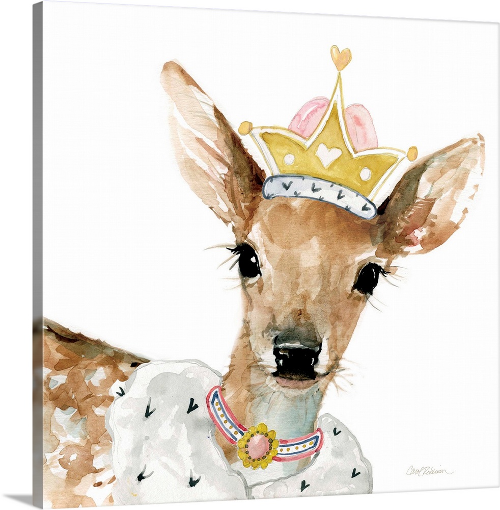 Cute watercolor painting of a fawn wearing a princess crown and jewels on a solid white, square background.