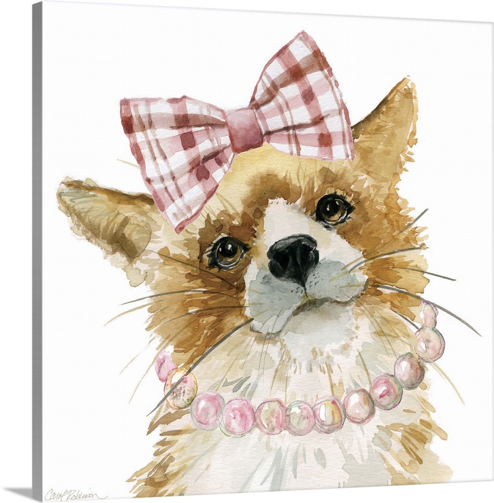 Cute watercolor painting of a young fox wearing a pink and white plaid bow and pink pearls on a solid white, square backgr...