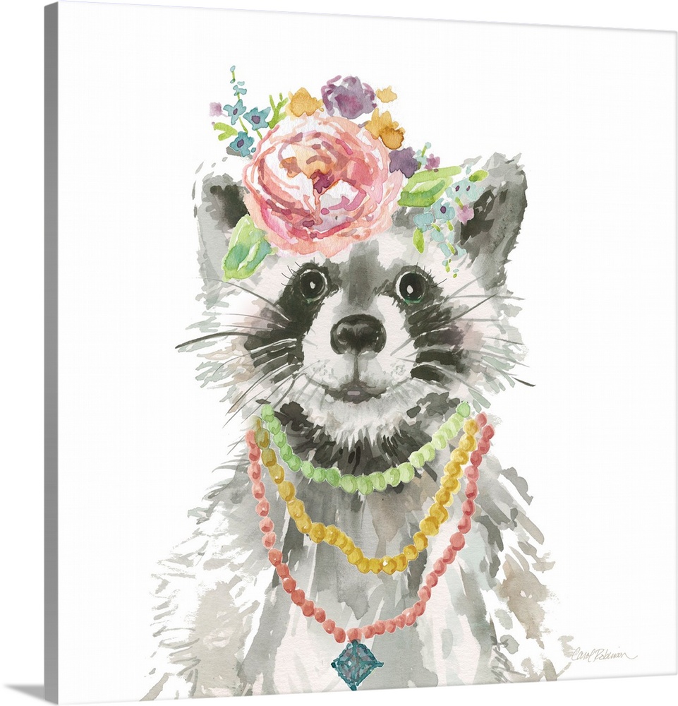 Cute watercolor painting of a young raccoon wearing colorful necklaces and flowers on its head, on a solid white square ba...