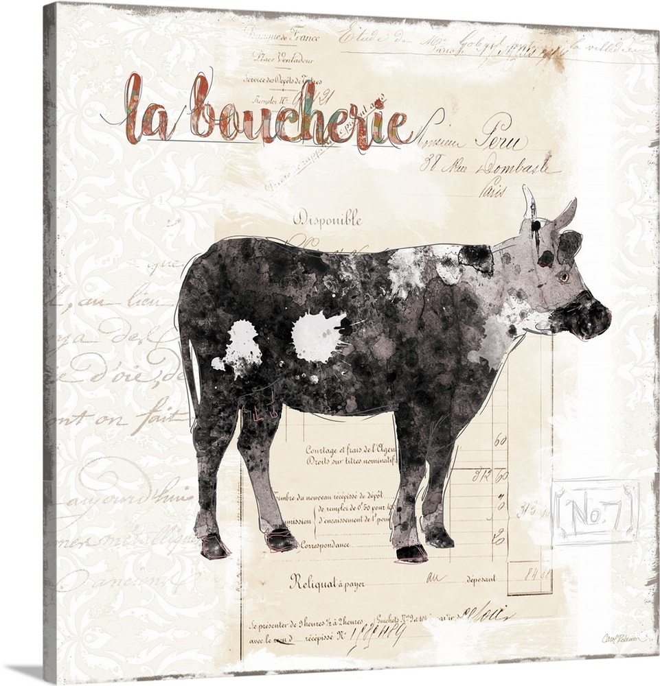 A decorative painting of cow with a background that is beige with white deigns and a French writing.