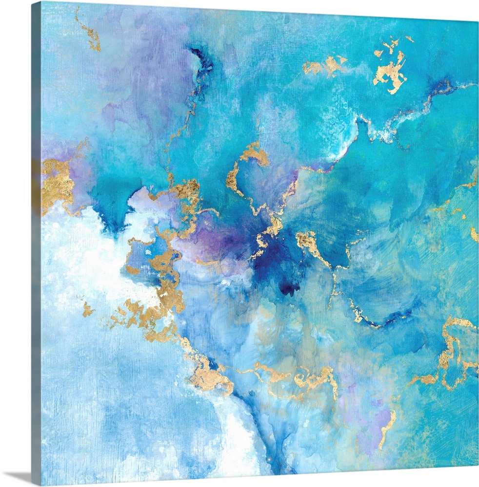 Square abstract decor made with shades of blue, white, green, and purple marbling together with metallic gold on top.