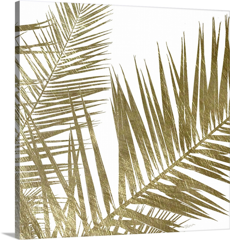 Square art with gold metallic palm fronds on a solid white background.
