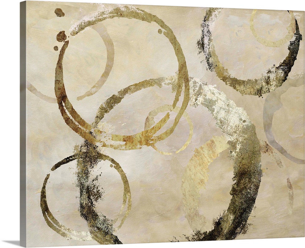 Geometric abstract painting with distressed golden, dark gray and beige rings against a neutral textured background.